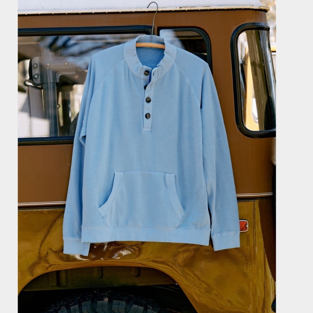 Reworn Shawl Collar Button Front Pullover Sky Blue 100% Cotton Medium